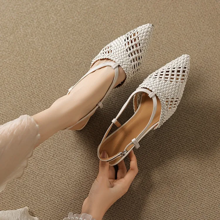 Spring/Summer Sandals Pointed Toe Low Heel Chunky Heel Open Back Woven Hollow Out Women's Shoes
