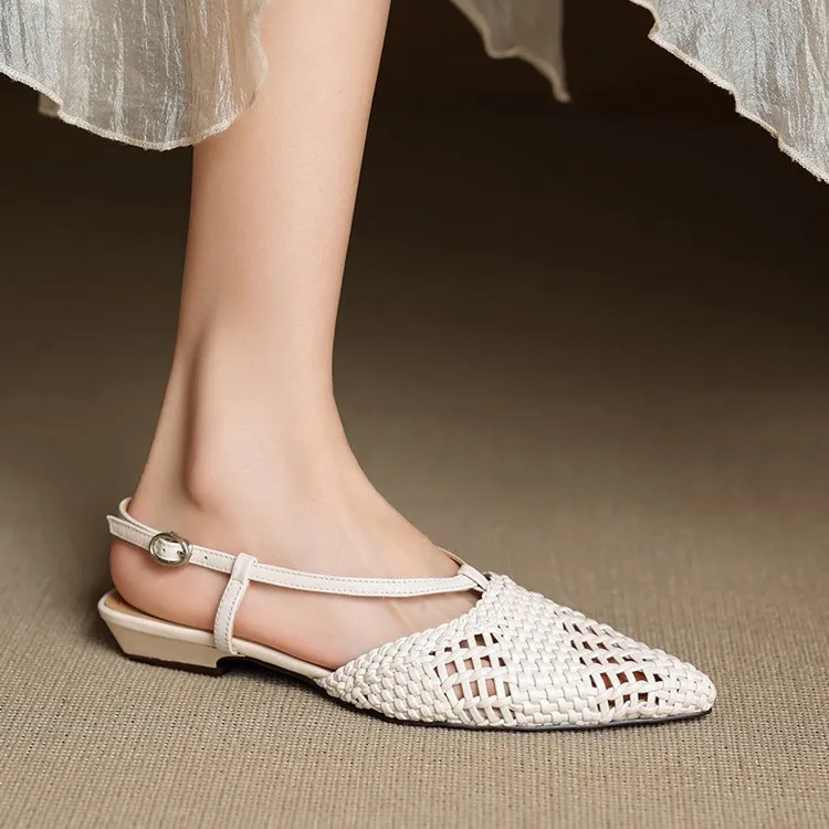Spring/Summer Sandals Pointed Toe Low Heel Chunky Heel Open Back Woven Hollow Out Women's Shoes