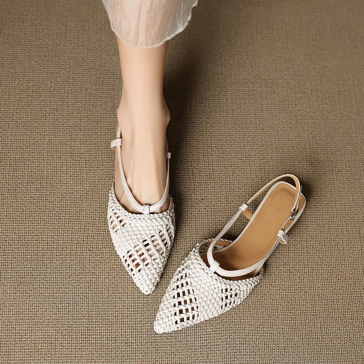 Spring/Summer Sandals Pointed Toe Low Heel Chunky Heel Open Back Woven Hollow Out Women's Shoes