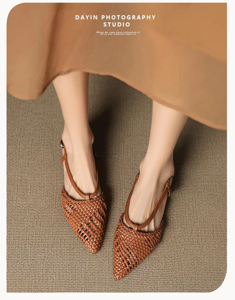 Spring/Summer Sandals Pointed Toe Low Heel Chunky Heel Open Back Woven Hollow Out Women's Shoes