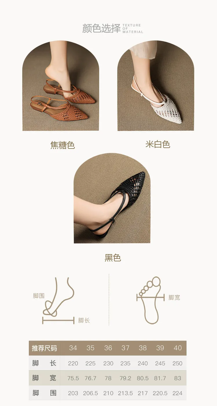 Spring/Summer Sandals Pointed Toe Low Heel Chunky Heel Open Back Woven Hollow Out Women's Shoes