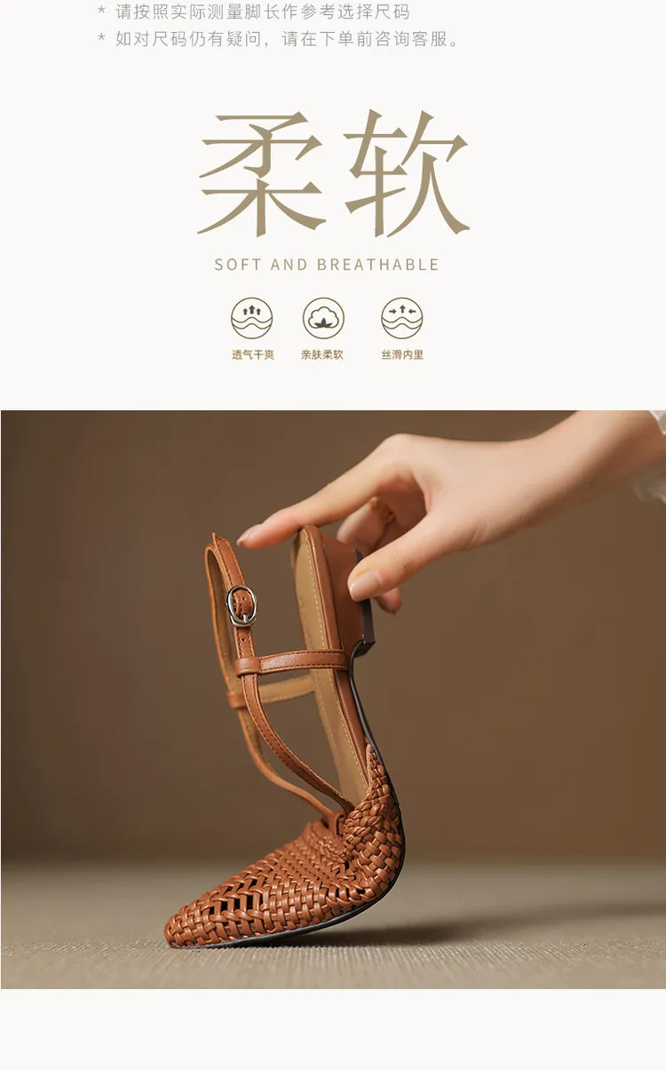 Spring/Summer Sandals Pointed Toe Low Heel Chunky Heel Open Back Woven Hollow Out Women's Shoes