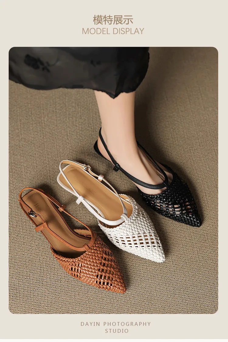 Spring/Summer Sandals Pointed Toe Low Heel Chunky Heel Open Back Woven Hollow Out Women's Shoes