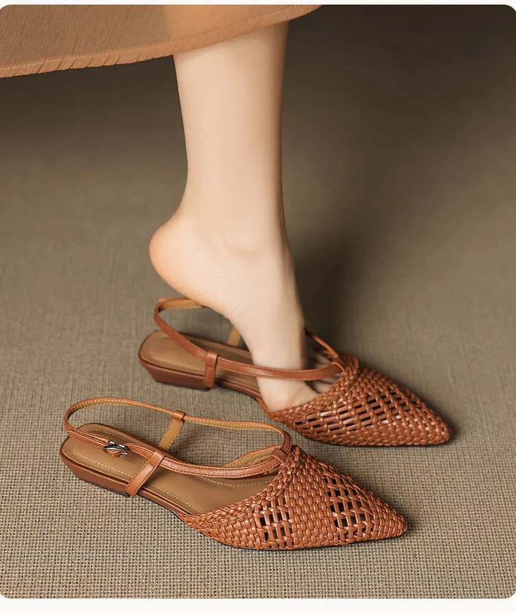 Spring/Summer Sandals Pointed Toe Low Heel Chunky Heel Open Back Woven Hollow Out Women's Shoes