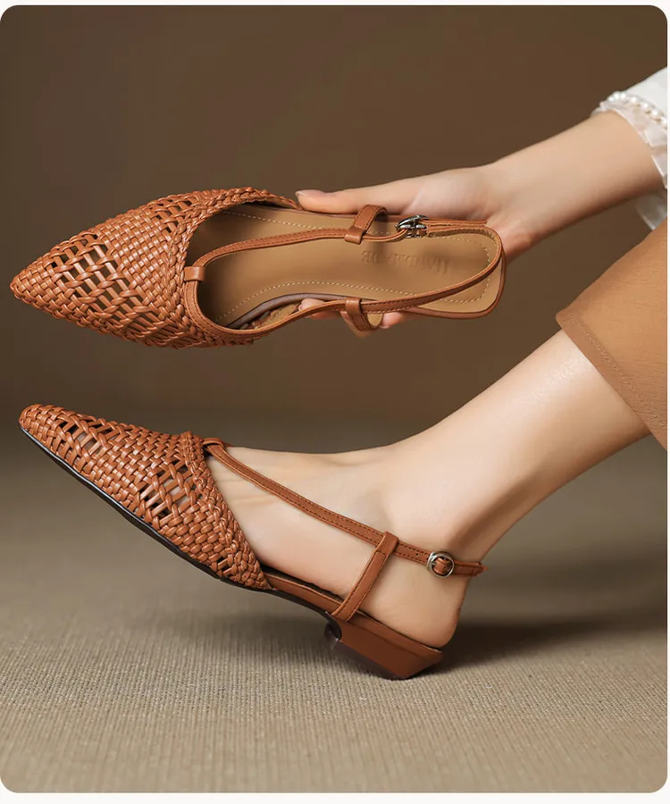 Spring/Summer Sandals Pointed Toe Low Heel Chunky Heel Open Back Woven Hollow Out Women's Shoes