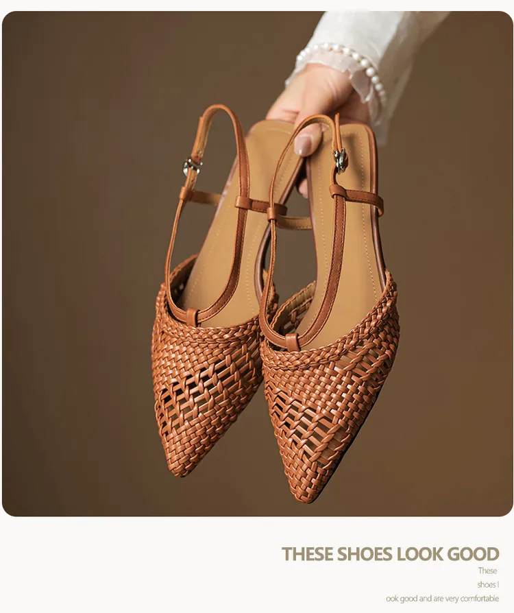 Spring/Summer Sandals Pointed Toe Low Heel Chunky Heel Open Back Woven Hollow Out Women's Shoes