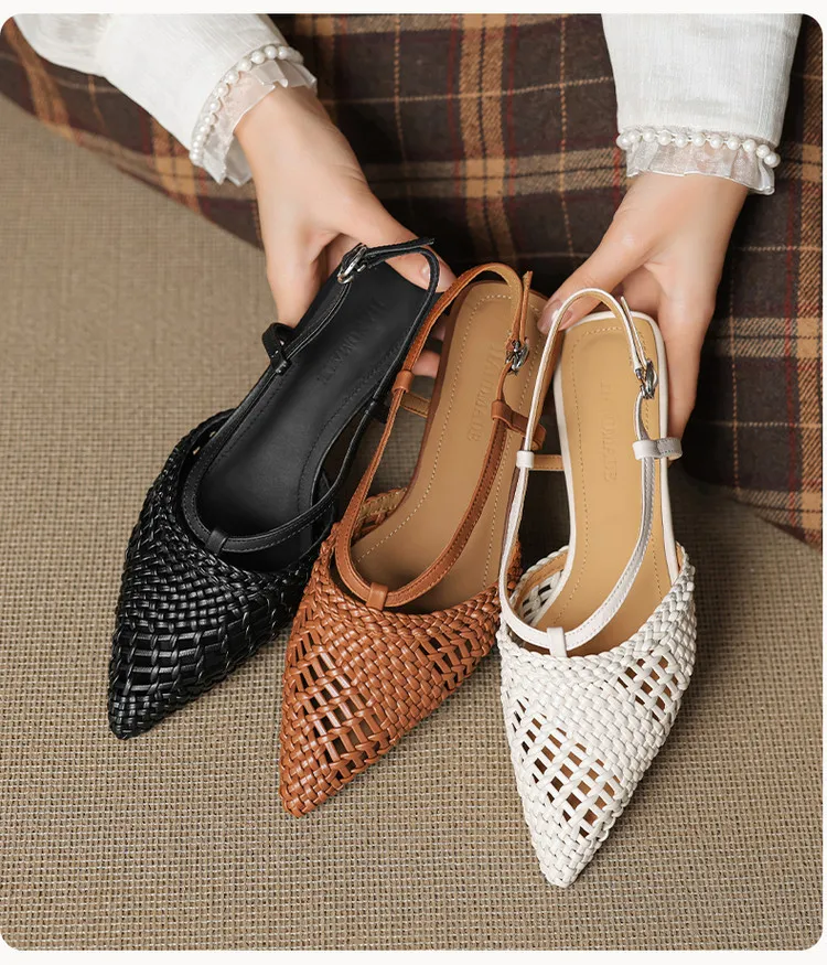 Spring/Summer Sandals Pointed Toe Low Heel Chunky Heel Open Back Woven Hollow Out Women's Shoes