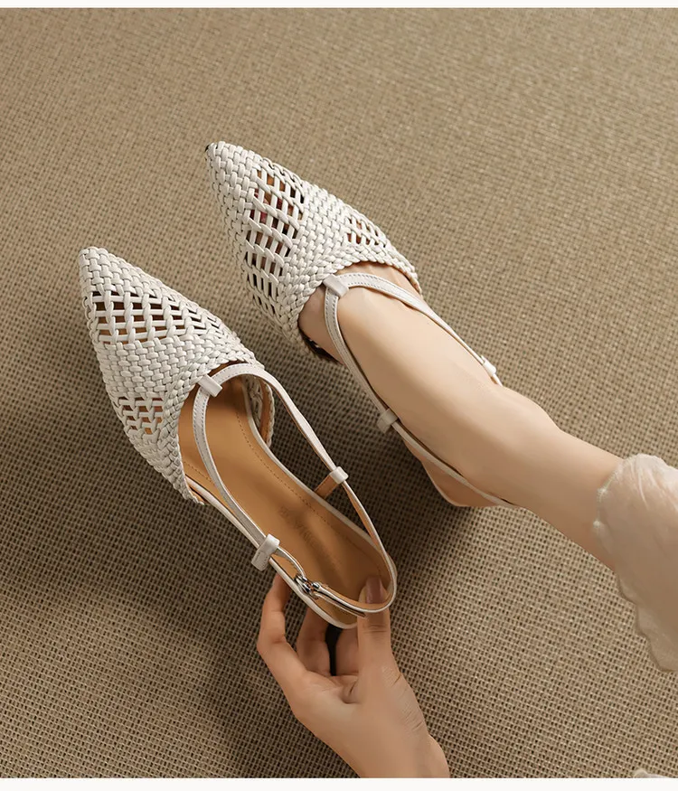 Spring/Summer Sandals Pointed Toe Low Heel Chunky Heel Open Back Woven Hollow Out Women's Shoes