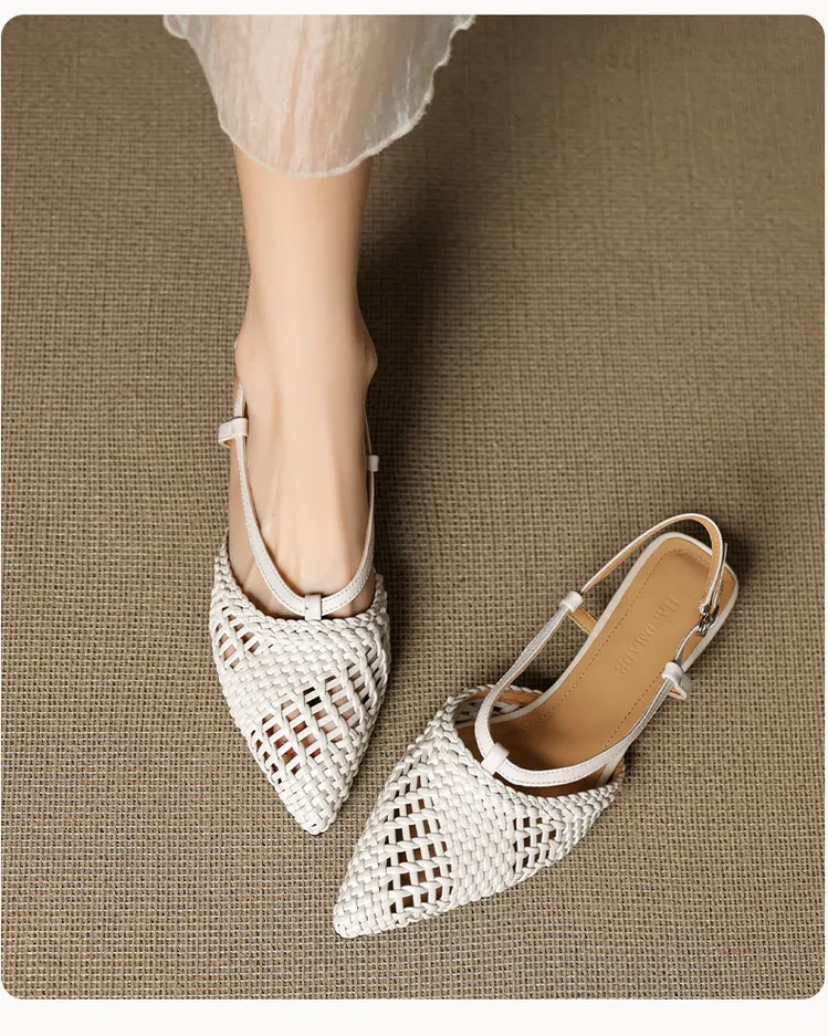 Spring/Summer Sandals Pointed Toe Low Heel Chunky Heel Open Back Woven Hollow Out Women's Shoes