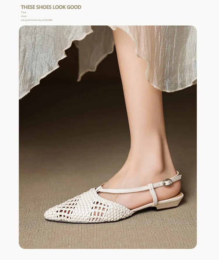 Spring/Summer Sandals Pointed Toe Low Heel Chunky Heel Open Back Woven Hollow Out Women's Shoes