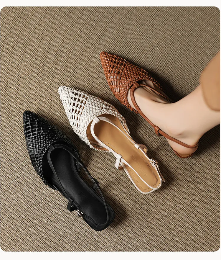 Spring/Summer Sandals Pointed Toe Low Heel Chunky Heel Open Back Woven Hollow Out Women's Shoes