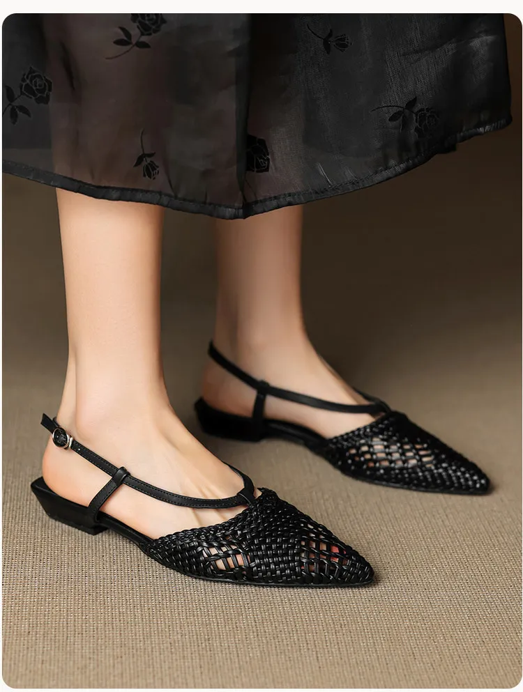 Spring/Summer Sandals Pointed Toe Low Heel Chunky Heel Open Back Woven Hollow Out Women's Shoes