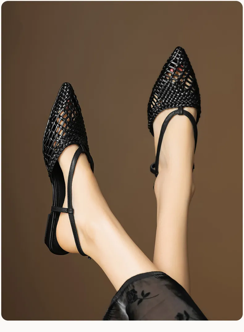 Spring/Summer Sandals Pointed Toe Low Heel Chunky Heel Open Back Woven Hollow Out Women's Shoes