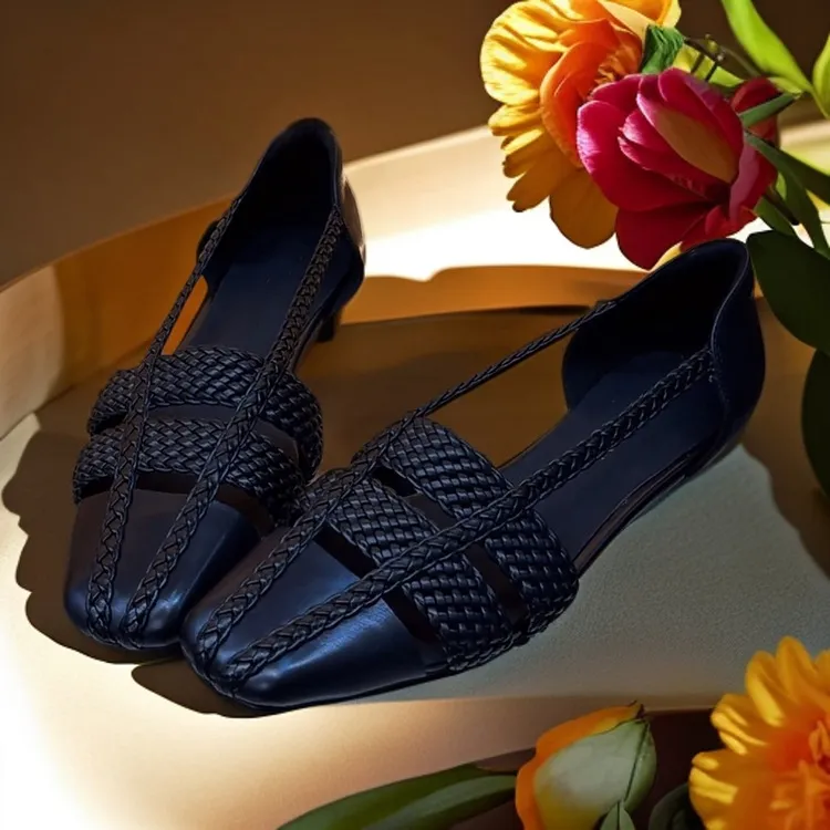 Spring/Summer Square Toe 3cm Wedge Sandals, Woven Leather, Black Fashion Shoes, Chunky Heel, Women's Shoes, Sizes 5-13L