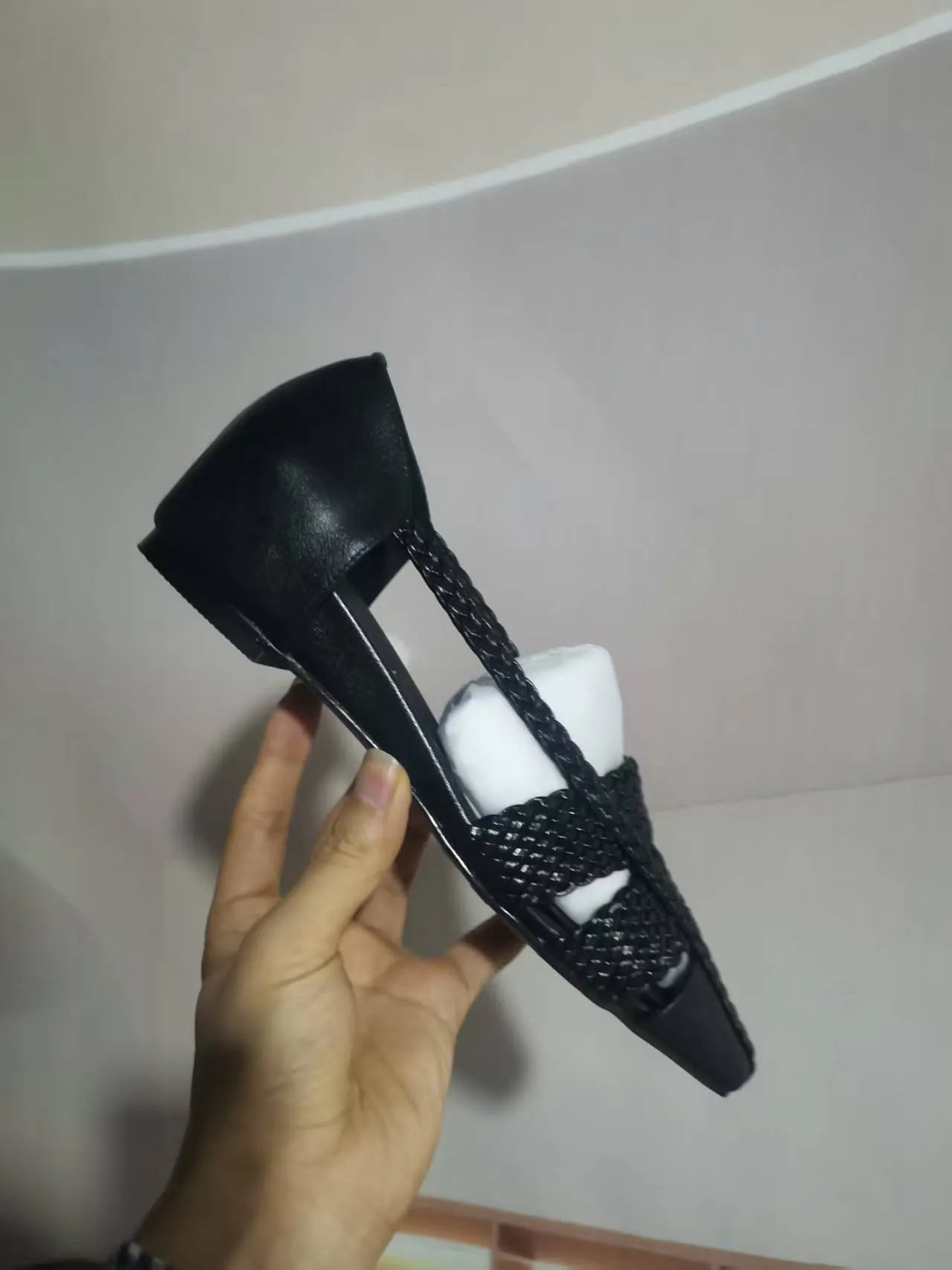 Spring/Summer Square Toe 3cm Wedge Sandals, Woven Leather, Black Fashion Shoes, Chunky Heel, Women's Shoes, Sizes 5-13L