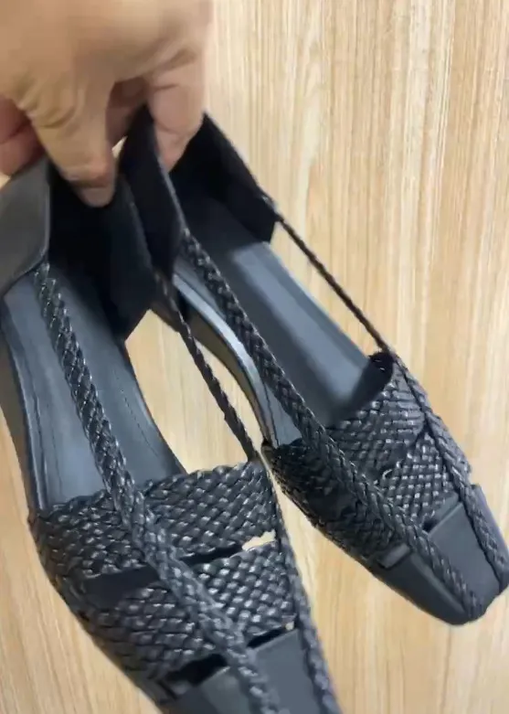 Spring/Summer Square Toe 3cm Wedge Sandals, Woven Leather, Black Fashion Shoes, Chunky Heel, Women's Shoes, Sizes 5-13L