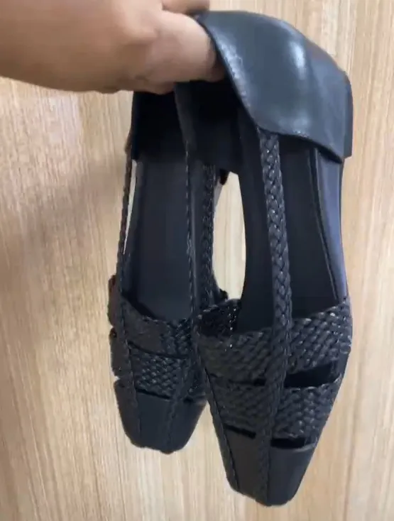 Spring/Summer Square Toe 3cm Wedge Sandals, Woven Leather, Black Fashion Shoes, Chunky Heel, Women's Shoes, Sizes 5-13L