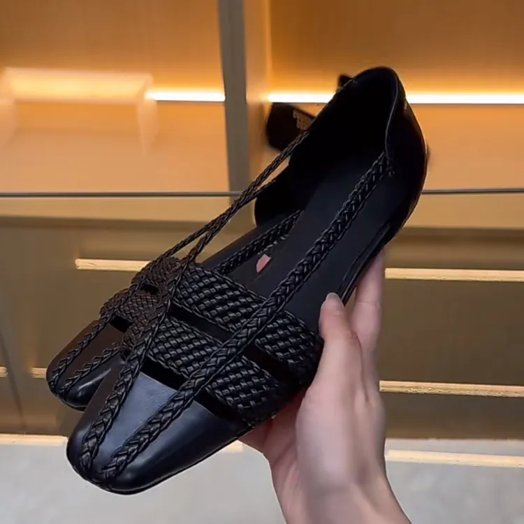 Spring/Summer Square Toe 3cm Wedge Sandals, Woven Leather, Black Fashion Shoes, Chunky Heel, Women's Shoes, Sizes 5-13L