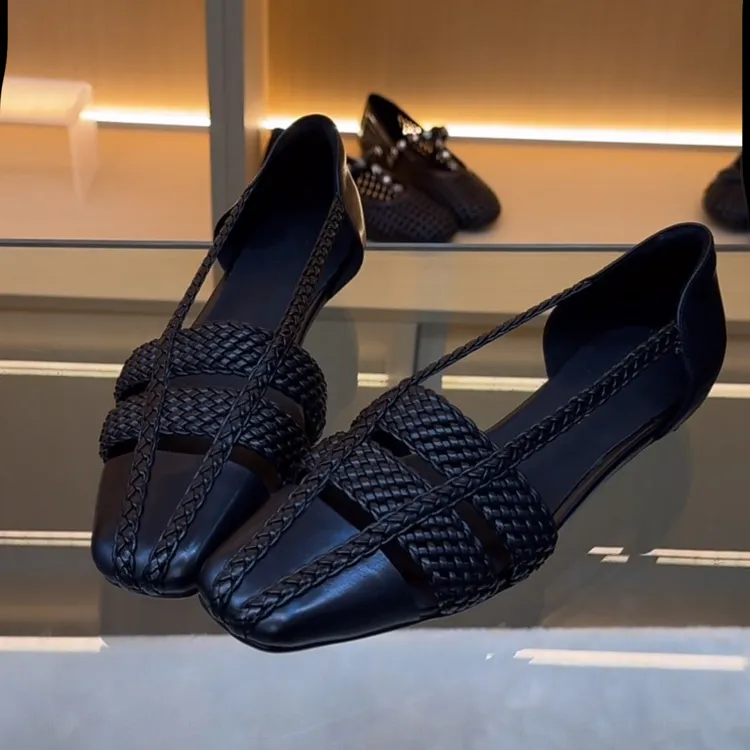 Spring/Summer Square Toe 3cm Wedge Sandals, Woven Leather, Black Fashion Shoes, Chunky Heel, Women's Shoes, Sizes 5-13L