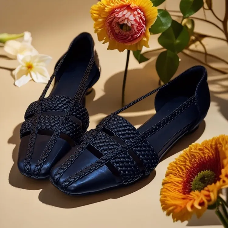 Spring/Summer Square Toe 3cm Wedge Sandals, Woven Leather, Black Fashion Shoes, Chunky Heel, Women's Shoes, Sizes 5-13L