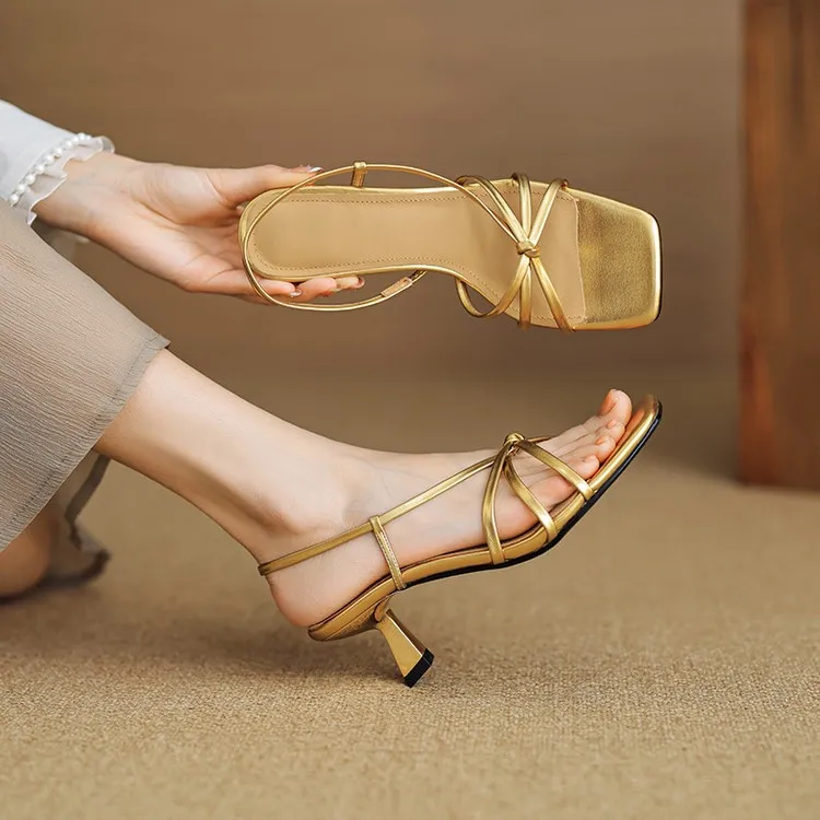 Spring/Summer Square-Toe Sandals with Stiletto Heels, Leather Fashion Shoes