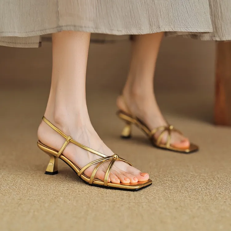 Spring/Summer Square-Toe Sandals with Stiletto Heels, Leather Fashion Shoes