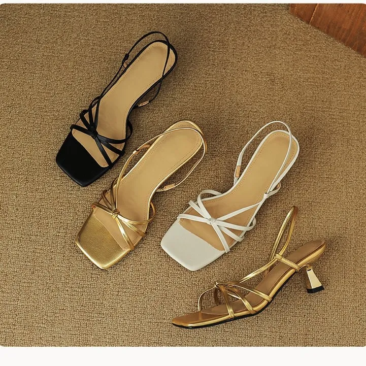 Spring/Summer Square-Toe Sandals with Stiletto Heels, Leather Fashion Shoes