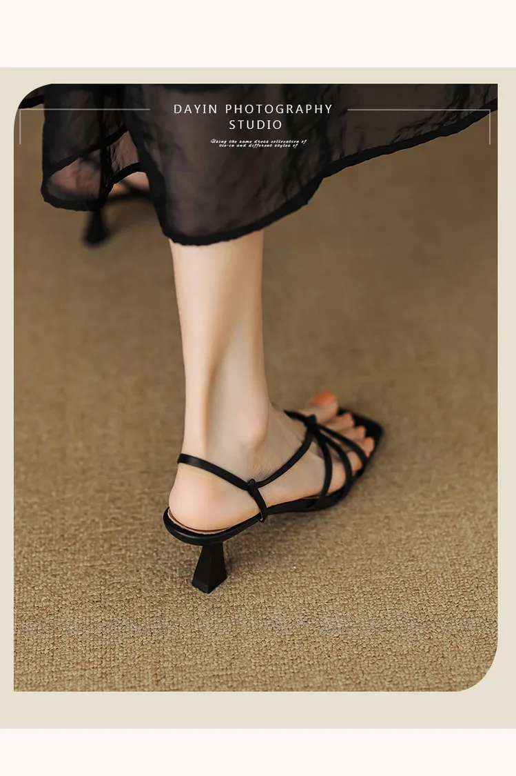 Spring/Summer Square-Toe Sandals with Stiletto Heels, Leather Fashion Shoes