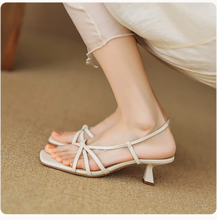 Spring/Summer Square-Toe Sandals with Stiletto Heels, Leather Fashion Shoes
