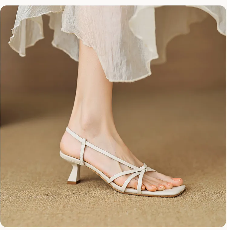 Spring/Summer Square-Toe Sandals with Stiletto Heels, Leather Fashion Shoes