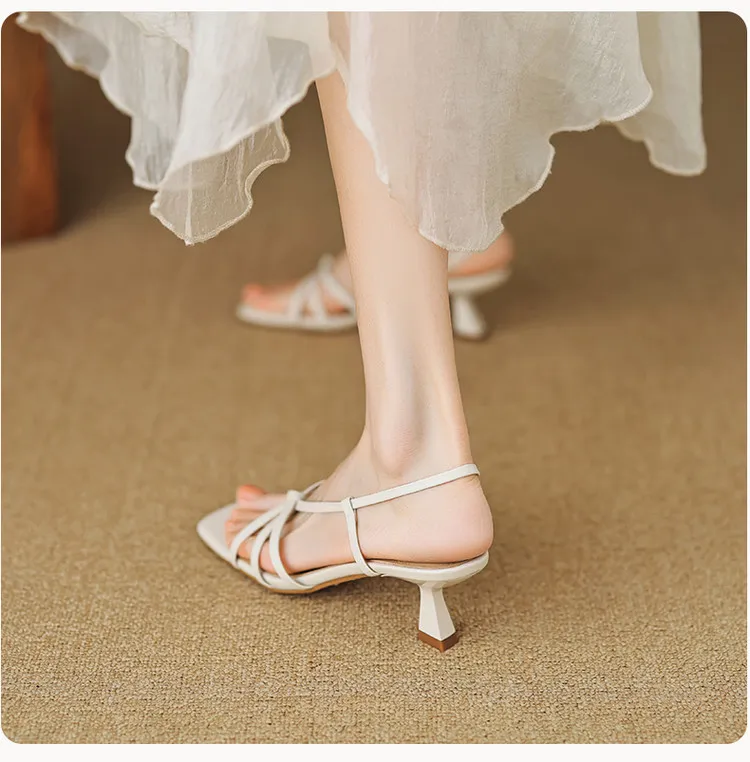 Spring/Summer Square-Toe Sandals with Stiletto Heels, Leather Fashion Shoes