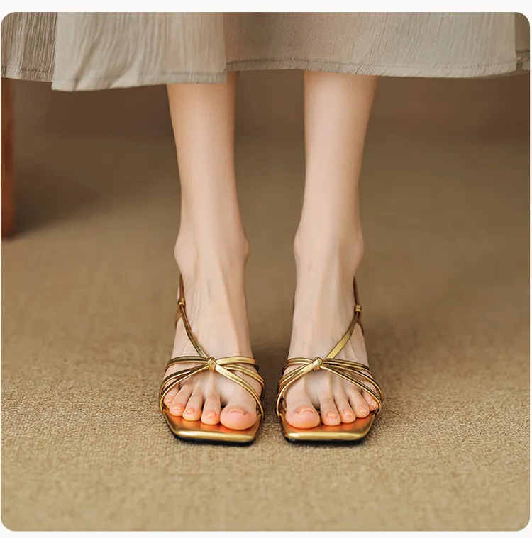 Spring/Summer Square-Toe Sandals with Stiletto Heels, Leather Fashion Shoes