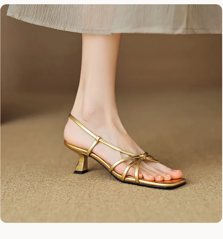 Spring/Summer Square-Toe Sandals with Stiletto Heels, Leather Fashion Shoes