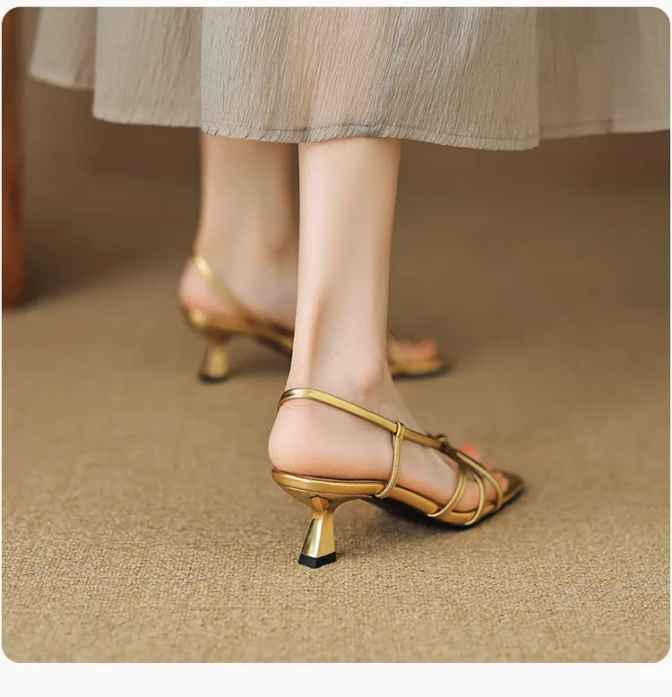 Spring/Summer Square-Toe Sandals with Stiletto Heels, Leather Fashion Shoes