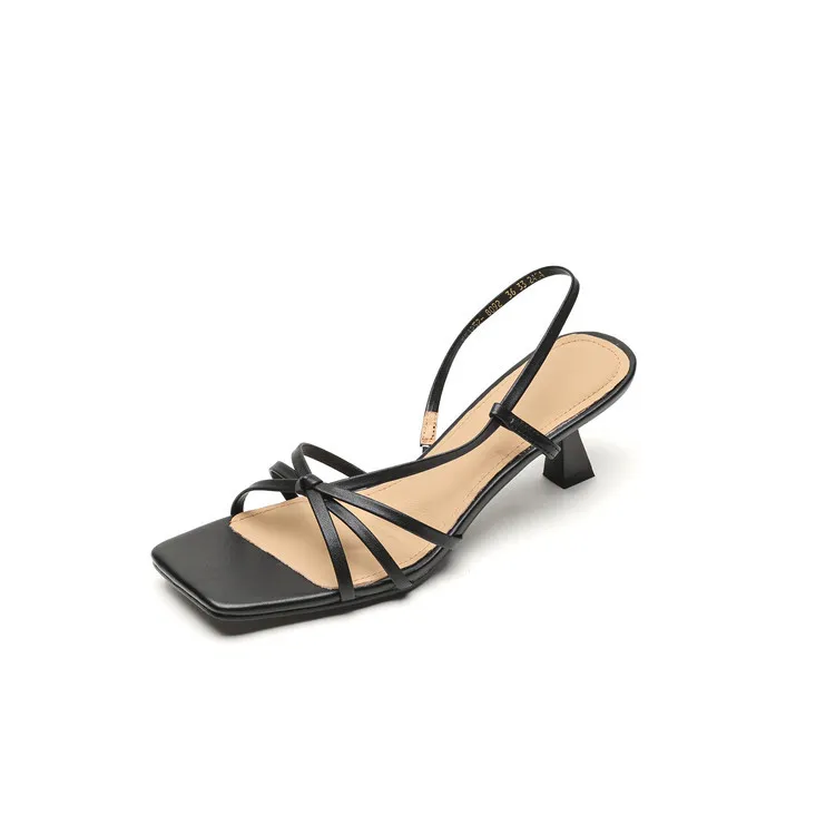 Spring/Summer Square-Toe Sandals with Stiletto Heels, Leather Fashion Shoes