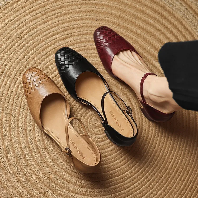Spring/Summer Sandals, Round Toe, Chunky Heel, High Heel, Buckle, Closed Toe, Fashionable Genuine Leather Women's Shoes