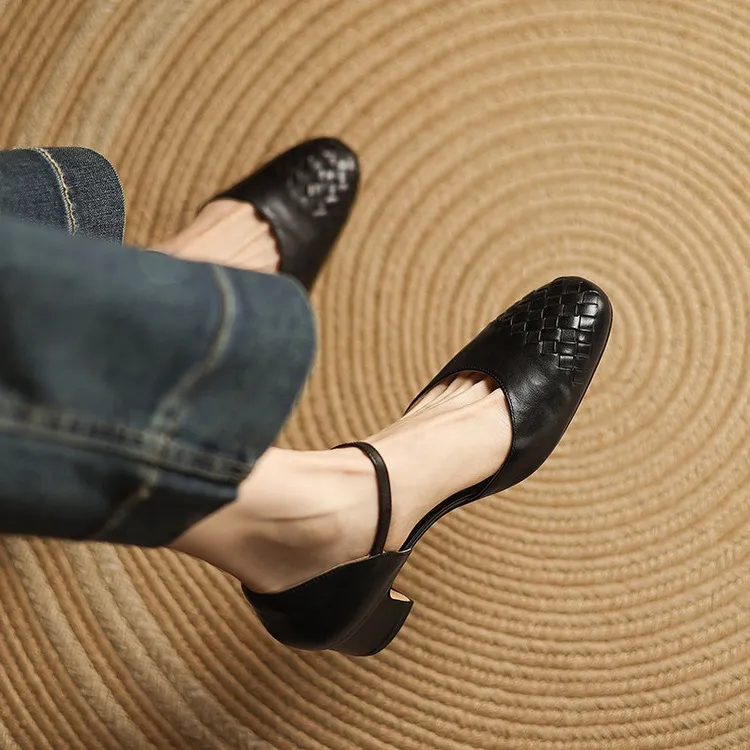 Spring/Summer Sandals, Round Toe, Chunky Heel, High Heel, Buckle, Closed Toe, Fashionable Genuine Leather Women's Shoes