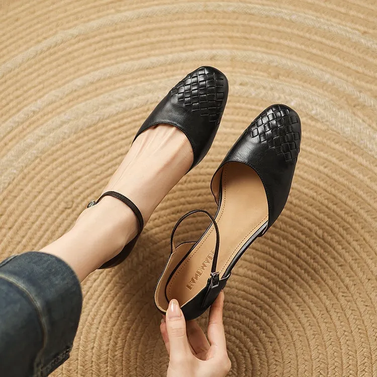 Spring/Summer Sandals, Round Toe, Chunky Heel, High Heel, Buckle, Closed Toe, Fashionable Genuine Leather Women's Shoes