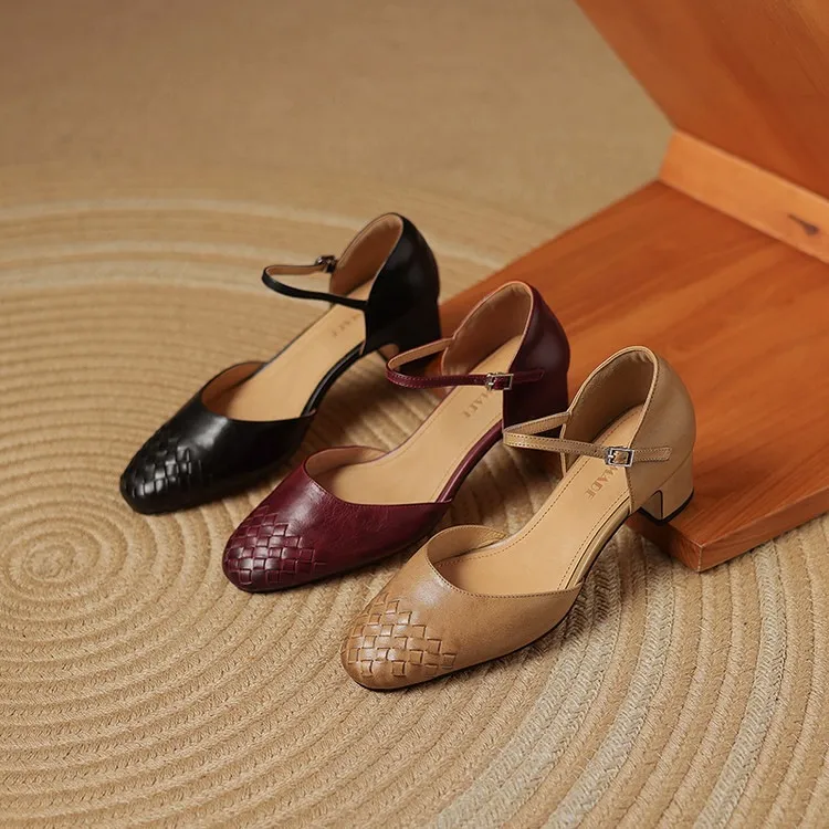 Spring/Summer Sandals, Round Toe, Chunky Heel, High Heel, Buckle, Closed Toe, Fashionable Genuine Leather Women's Shoes