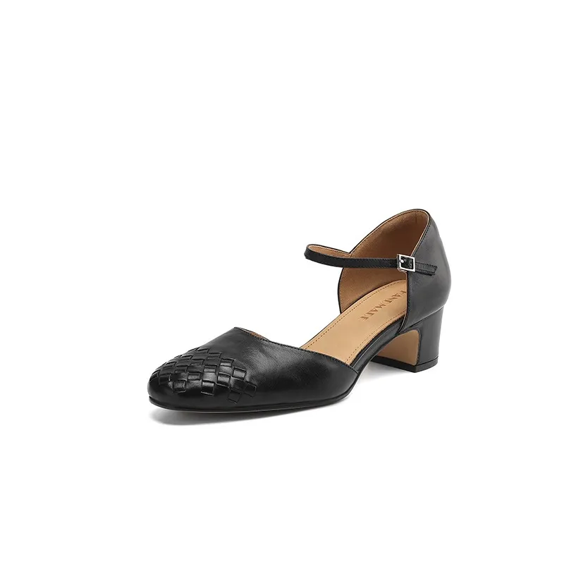 Spring/Summer Sandals, Round Toe, Chunky Heel, High Heel, Buckle, Closed Toe, Fashionable Genuine Leather Women's Shoes