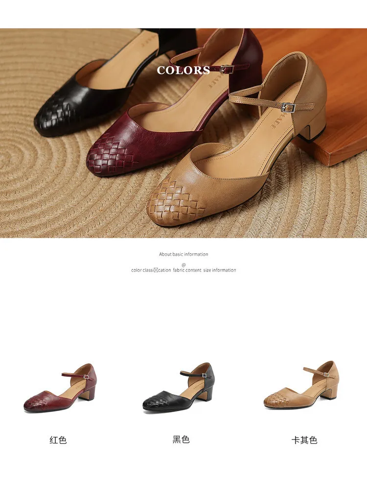 Spring/Summer Sandals, Round Toe, Chunky Heel, High Heel, Buckle, Closed Toe, Fashionable Genuine Leather Women's Shoes