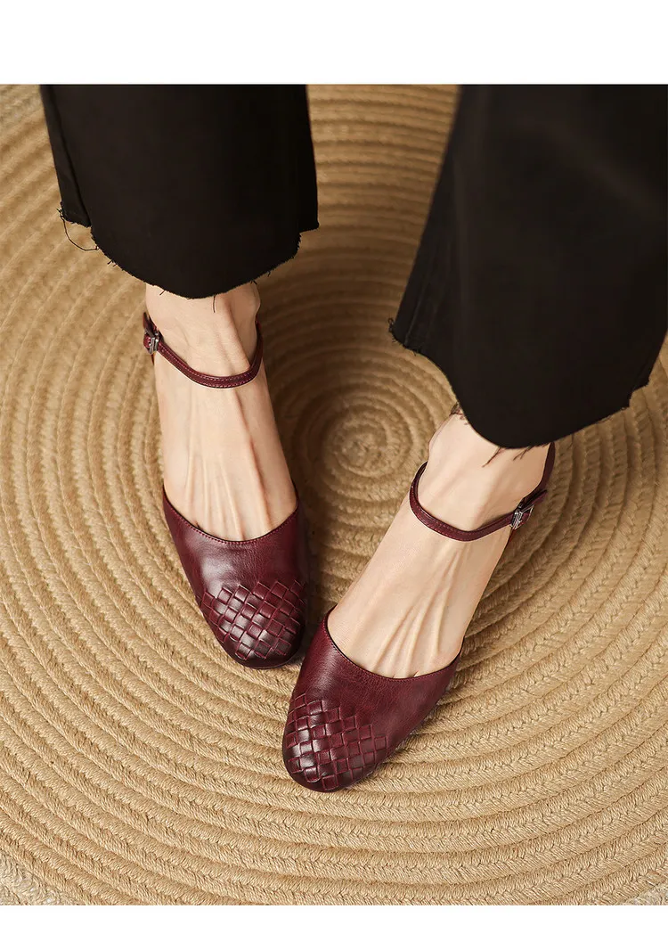 Spring/Summer Sandals, Round Toe, Chunky Heel, High Heel, Buckle, Closed Toe, Fashionable Genuine Leather Women's Shoes