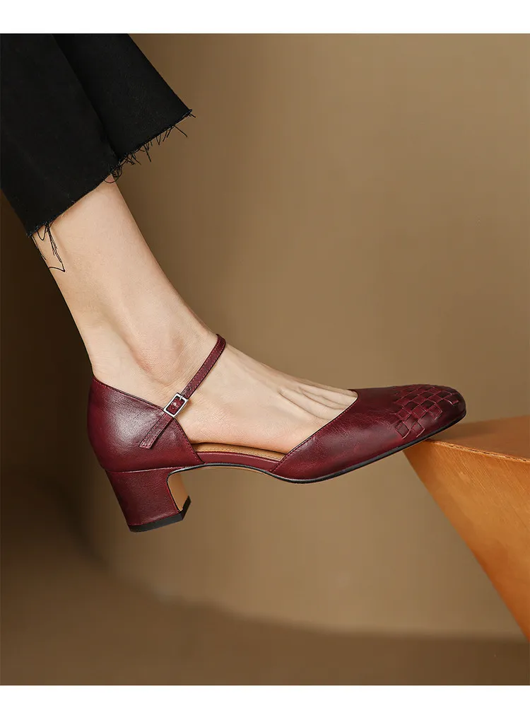 Spring/Summer Sandals, Round Toe, Chunky Heel, High Heel, Buckle, Closed Toe, Fashionable Genuine Leather Women's Shoes
