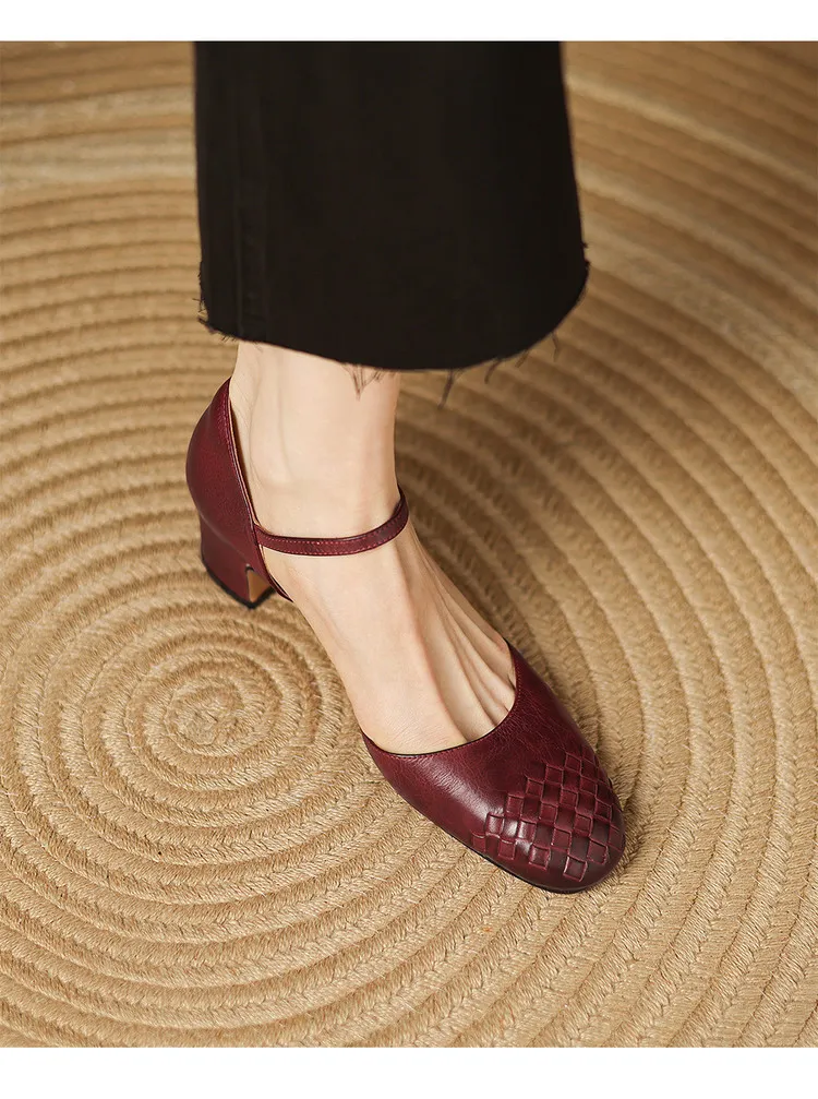 Spring/Summer Sandals, Round Toe, Chunky Heel, High Heel, Buckle, Closed Toe, Fashionable Genuine Leather Women's Shoes