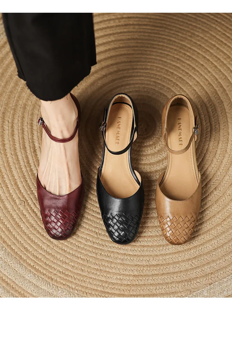 Spring/Summer Sandals, Round Toe, Chunky Heel, High Heel, Buckle, Closed Toe, Fashionable Genuine Leather Women's Shoes