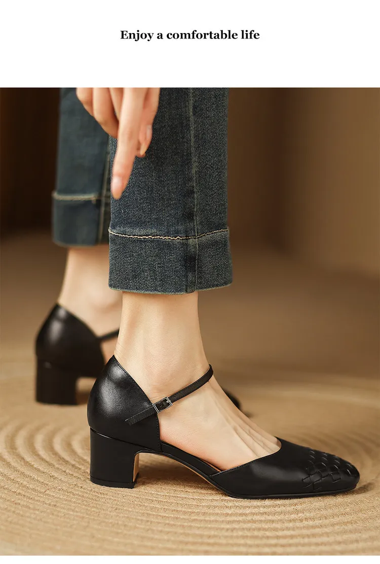 Spring/Summer Sandals, Round Toe, Chunky Heel, High Heel, Buckle, Closed Toe, Fashionable Genuine Leather Women's Shoes