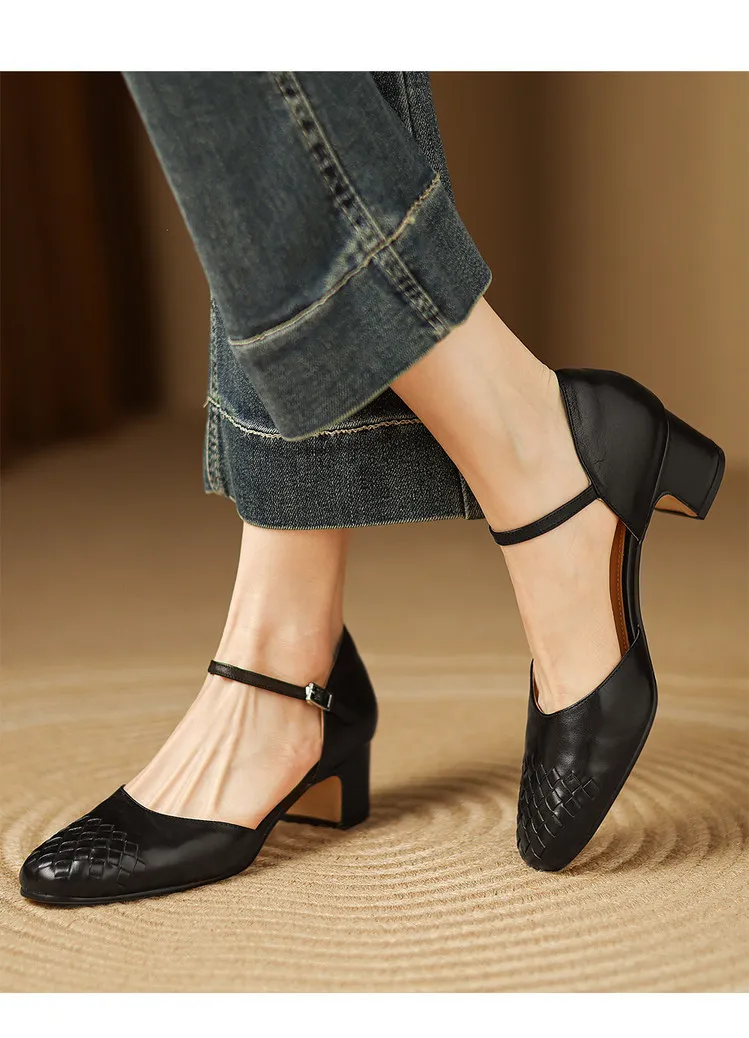 Spring/Summer Sandals, Round Toe, Chunky Heel, High Heel, Buckle, Closed Toe, Fashionable Genuine Leather Women's Shoes