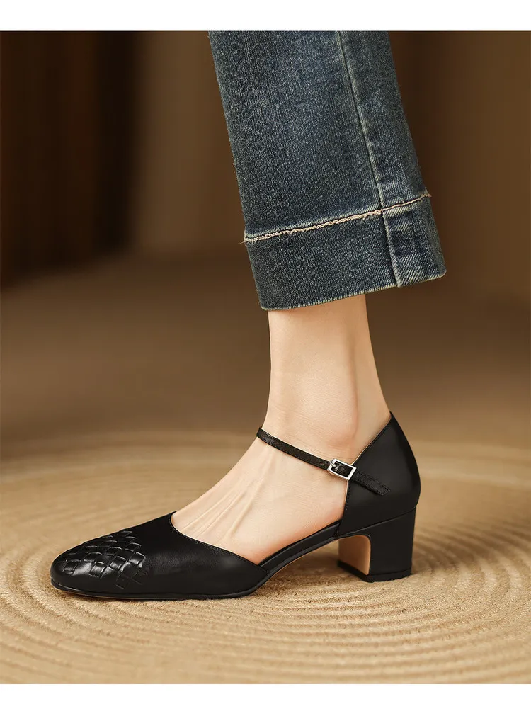 Spring/Summer Sandals, Round Toe, Chunky Heel, High Heel, Buckle, Closed Toe, Fashionable Genuine Leather Women's Shoes