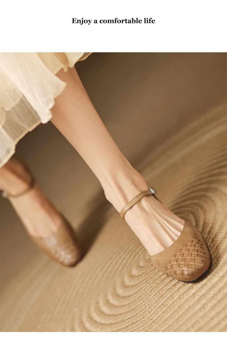 Spring/Summer Sandals, Round Toe, Chunky Heel, High Heel, Buckle, Closed Toe, Fashionable Genuine Leather Women's Shoes