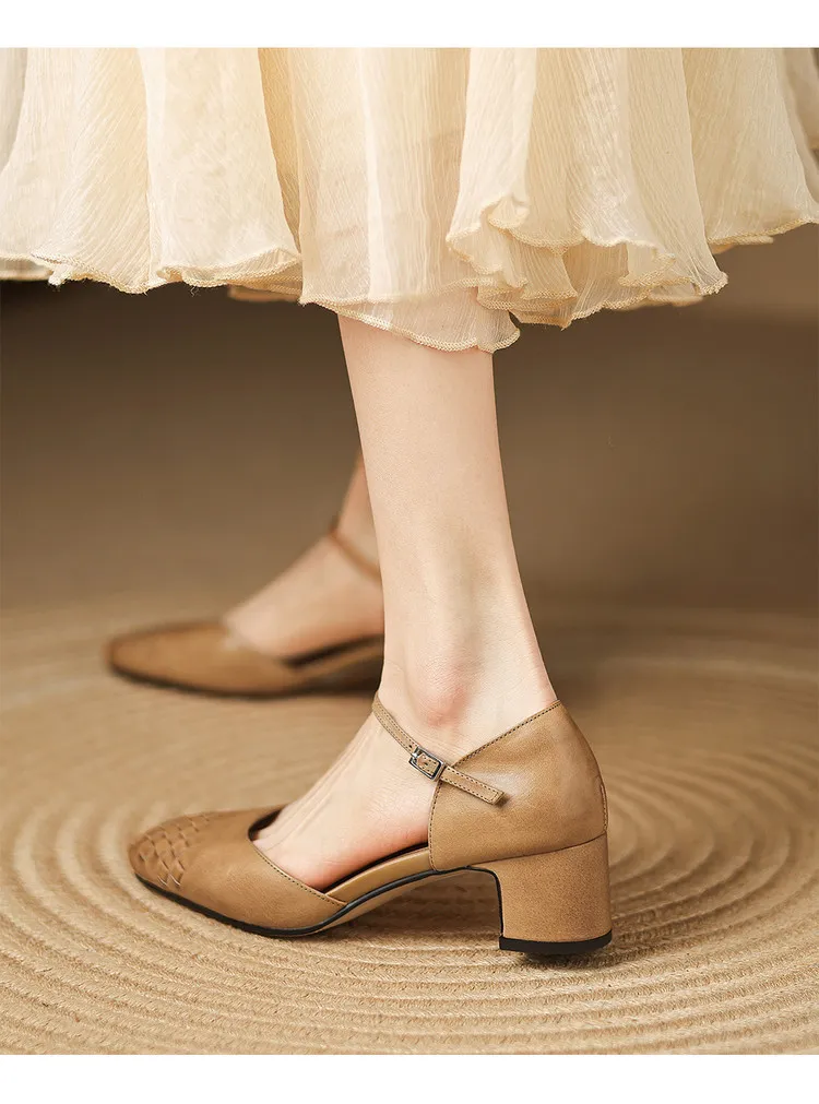 Spring/Summer Sandals, Round Toe, Chunky Heel, High Heel, Buckle, Closed Toe, Fashionable Genuine Leather Women's Shoes